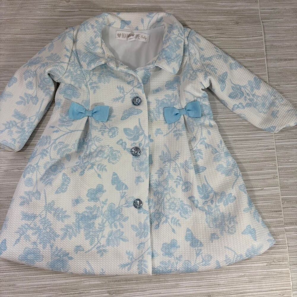 NANETTE BABY 3-6 MONTHS Infant cottage core coat with bows white + blue EUC
